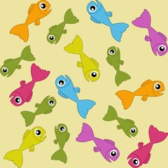 Wrapping paper of cute fish swimming in their environment with coloured background