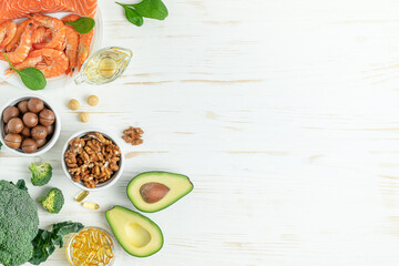 Healthy fats food on white wooden background. Top view, copy space