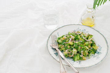 Green vegetarian salad of avocado, cucumber, seeds, micro-greens and red onion on a white background. Space for text