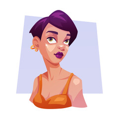 Portrait of a woman. Beautiful young girl with a short haircut. Avatar for a social network. Vector illustration. Cartoon.