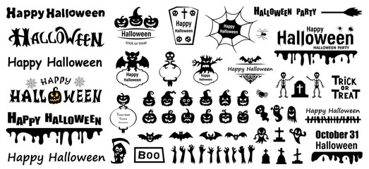 Halloween lettering quotes. Set of silhouettes of Halloween on a white background. Vector illustration