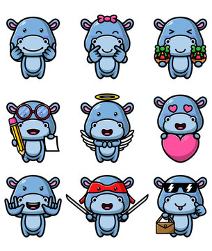 The collection of the hippopotamus with different expression mascot bundle set