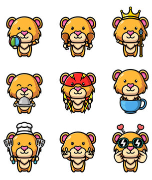 The collection of the lion with the many different poses mascot bundle set
