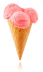 Pink ice cream cone isolated on white background with clipping path.