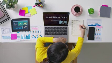 New possible career digital transformation future workforce class. Above top view desk of Asia people young talent woman sit work at home office reskill upskill job remote learn on live video call. - Powered by Adobe