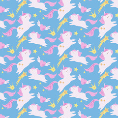 Fototapeta na wymiar Cute unicorn heart star crown seamless, tileable pattern on blue background. Drawing for kids clothes, t-shirts, fabrics or packaging.