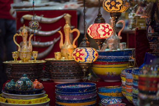 Muscat,Oman - March 05,2019 : All kinds of souvenirs
exhibited in market shops of the old town Mutrah.