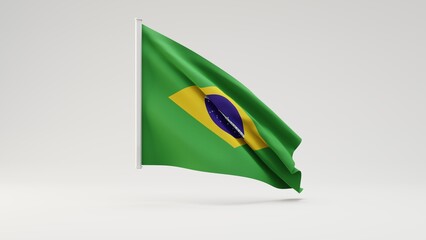 National banner flag of Brazil waving in the wind isolated on white background. 3d realistic fabric rendering illustration