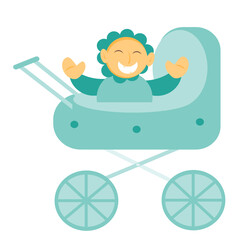 Vector illustration of a blue stroller with a baby. Baby in a stroller. Baby smiles with two teeth in a blue stroller on wheels. Isolated