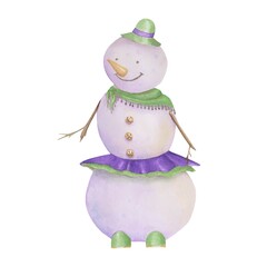 Snowman is isolated on a white background. Watercolor character clipart. Hand-drawn cute snowman in a skirt and a hat illustration. Winter greeting card object