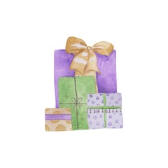 Heap of gift boxes isolated on a white background. Watercolor presents. Hand-drawn Christmas gifts clipart. Holiday decorations. Purple, green, and blue wrapped boxes with cute bows.