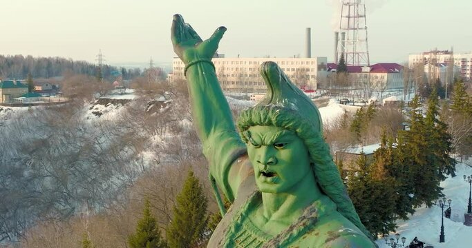 Monument to Salavat Yulaev in Ufa city center at winter sunny sunset - Aerial drone view