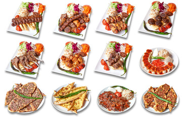 Collection of plates with Turkish food isolated