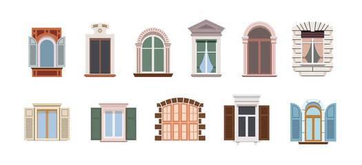 Big set windows. Different City windows in retro style. Isolated on a white background.