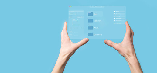 Document management concept. Virtual screen icons Document Management System DMS Online document database, software for efficient archiving, searching and management of company files and data.