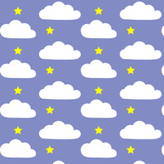 Cute purple seamless pattern with stars and clouds, perfect for nursery decoration, and prints. Indie kid style