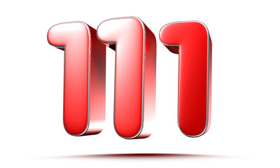 Rounded red number 111 on white background 3D illustration with clipping path