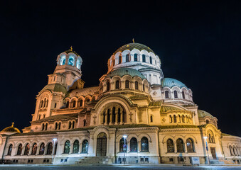 Fototapeta na wymiar Night view of the St. Alexander Nevsky Cathedral in the capital of Bulgaria Sofia