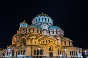 Fototapeta na wymiar Night view of the St. Alexander Nevsky Cathedral in the capital of Bulgaria Sofia