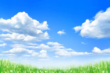 Fototapeta na wymiar 雲のある青空に飛行機雲の飛ぶ新緑の美しい草原の初夏フレーム背景素材