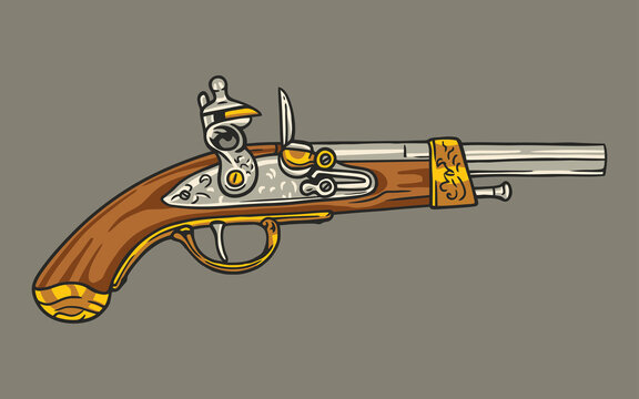 vintage pistol with wood and gold details clip art preview