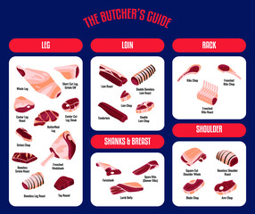 Meat and Beef cuts. Diagrams for butcher shop. Scheme of beef. Vector illustration. Beef butcher's guide. Used for cooking steak and roast - t-bone, rib eye, porterhouse, tomahawk, etc.