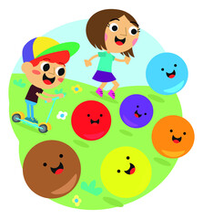 Obraz na płótnie Canvas Cute kids chasing colorful emojis