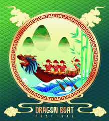 Obraz premium Dragon Boat Festival. Lovely dragon boat on paper calligraphy Chinese. Duanwu holiday name written in Chinese words. 