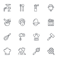 Set of vector line icons of kitchen utensils, cooking tools and equipment