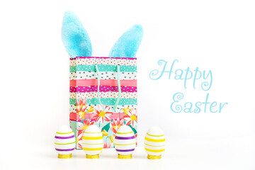 Colorful Easter egg and shopping. Yellow banner background.