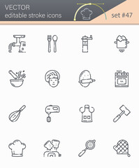Set of editable stroke vector line icons of kitchen utensils, cooking tools and equipmen