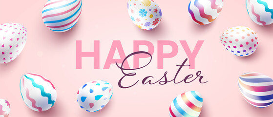 Fototapeta na wymiar Vector holiday illustration with word happy easter and different painted eggs. Happy easter template design with decorative egg for greeting card, banner on pink color background