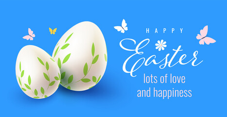 Vector easter holiday illustration with painted eggs and butterfly. Happy easter template design with decorative egg for greeting card, banner on blue color background