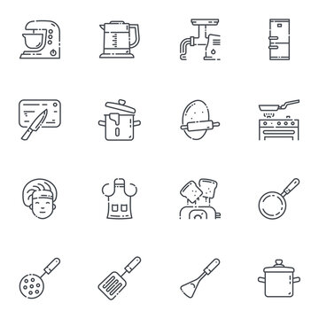 Set of vector line icons of kitchen utensils, cooking tools and equipment