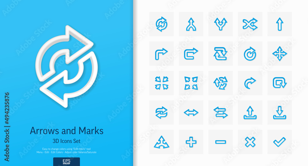Poster vector 3d realistic style icons set. illustration with arrows, direction and move outline flat symbo