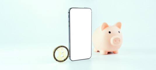 Virtual coin smart phone mockup. Pig bank with golden bit coin, mobile smartphone mockup. Save...