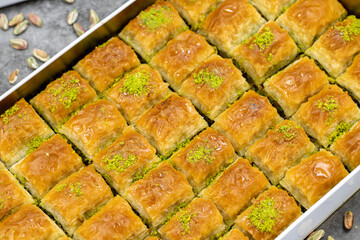 Pistachio baklava. Mediterranean cuisine delicacies. Close-up baklava