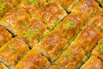 Pistachio baklava. Mediterranean cuisine delicacies. Close-up baklava