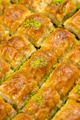 Pistachio baklava. Mediterranean cuisine delicacies. Close-up baklava