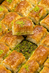 Pistachio baklava. Mediterranean cuisine delicacies. Close-up baklava