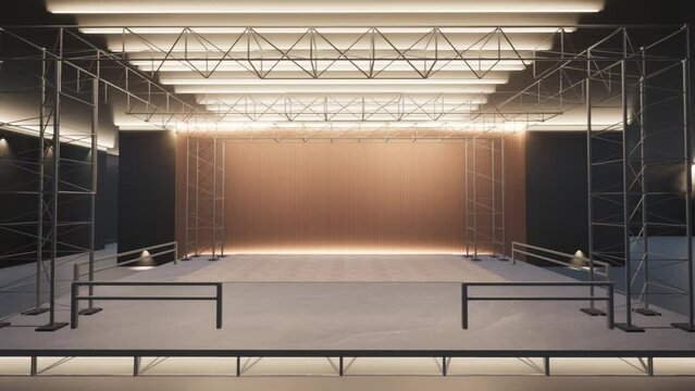 An empty stage of the theater, lit by spotlights 