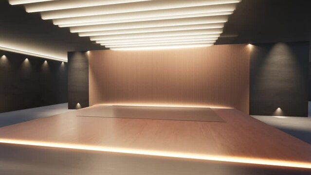 An empty stage of the theater, lit by spotlights 
