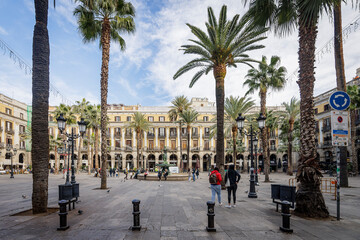 Naklejka premium Plaça Reial, Barcelona, Cataluña, España