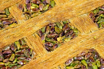 Pistachio aleppo kadayif dessert. Mediterranean cuisine delicacies. Close-up. Local name halep kadayif