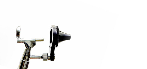Otoscope for ENT doctor exam ear head cone piece view on white background