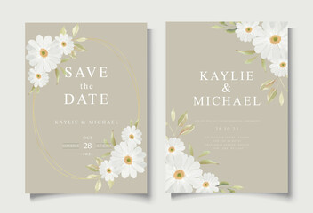 Brown Wedding Invitation Card Template with Daisy Flowers Watercolor