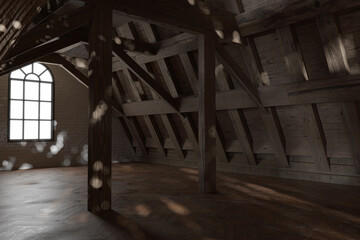 3d rendering of wooden attic room with bright sunspots