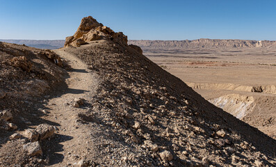 Aerial view from the descent trail from Mount Ardon with the Ramon Crater below in the background, Mitzpe Ramon, Beer Sheba, Negev Desert, Southern Israel, Israel