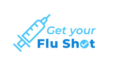 Get your Flu shot sign. Flu vaccine syringe icon. Influenza injection symbol. Virus vaccination needle banner. Vector illustration. - obrazy, fototapety, plakaty