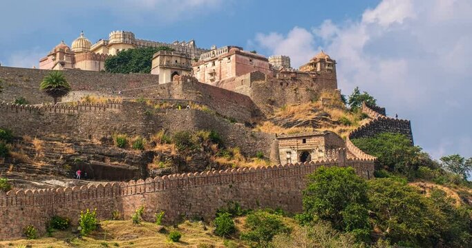 Time lapse of Kumbhalgarh fort famous indian tourist landmark. Rajasthan, India. Horizontal panning
